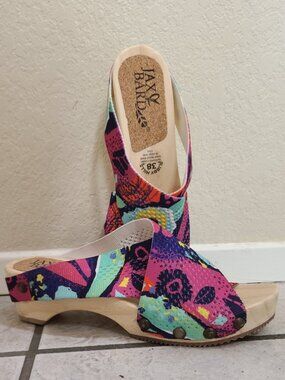 NEW! JAX & BARD LIBBY HALL SANDALS FLORAL PRINT WOOD PLATFORM SHOES CLOGS sz 38